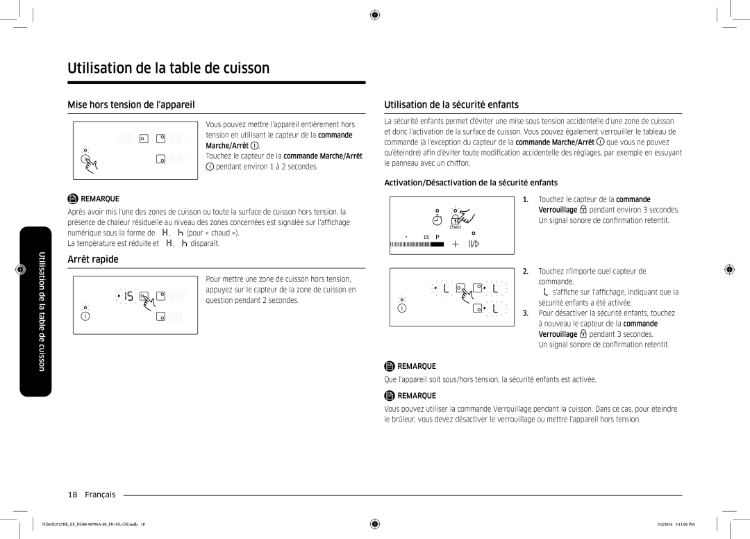 Samsung NZ63K5727BK/EF manual Mise hors tension de lappareil, Arrêt rapide, Utilisation de la sécurité enfants 