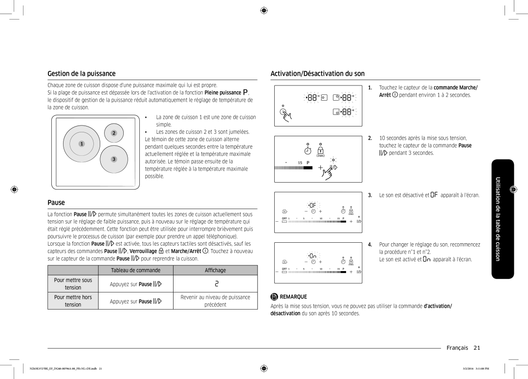 Samsung NZ63K5727BK/EF manual Gestion de la puissance, Pause, Activation/Désactivation du son 