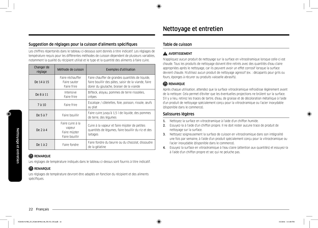 Samsung NZ63K5727BK/EF manual Nettoyage et entretien, Table de cuisson, Salissures légères 