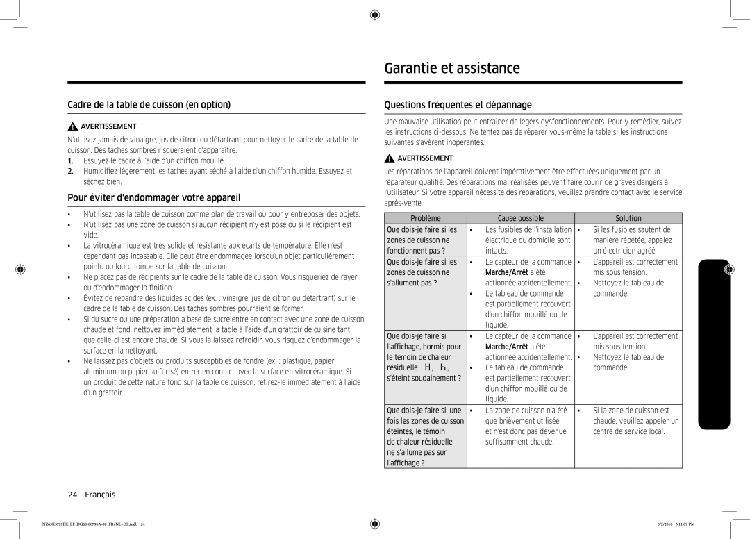 Samsung NZ63K5727BK/EF Garantie et assistance, Cadre de la table de cuisson en option, Questions fréquentes et dépannage 