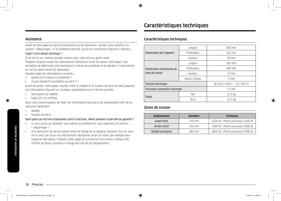 Samsung NZ63K5727BK/EF manual Caractéristiques techniques, Assistance 