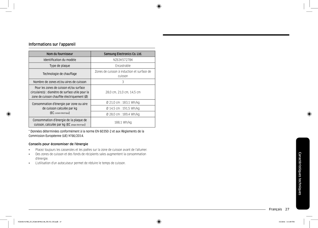 Samsung NZ63K5727BK/EF manual Informations sur lappareil, Nom du fournisseur, Caractéristiques techniques 