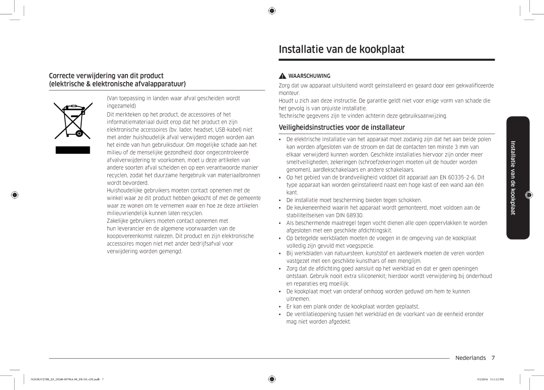 Samsung NZ63K5727BK/EF manual Installatie van de kookplaat, Veiligheidsinstructies voor de installateur 