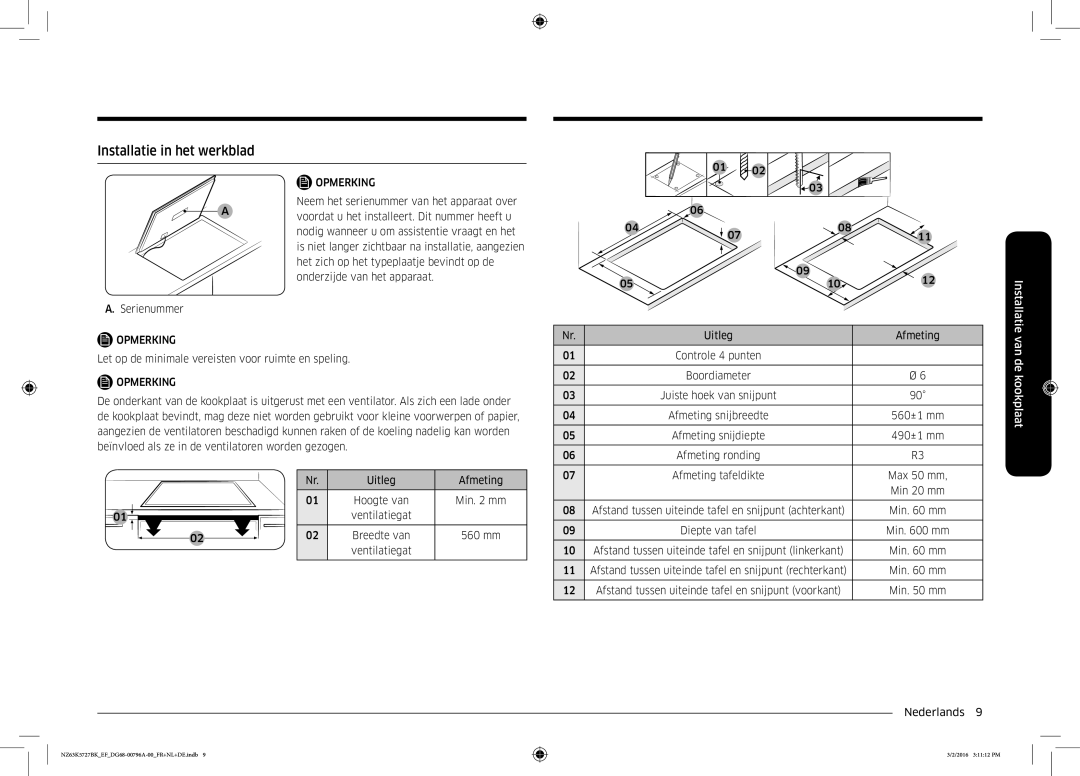 Samsung NZ63K5727BK/EF manual Installatie in het werkblad 