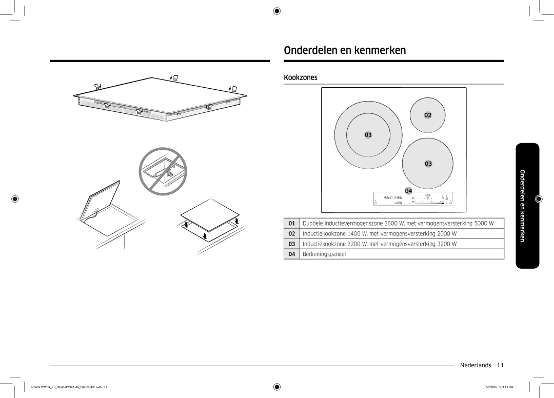 Samsung NZ63K5727BK/EF manual Onderdelen en kenmerken, Kookzones, Kenmerken 