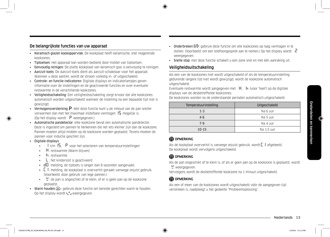 Samsung NZ63K5727BK/EF manual De belangrijkste functies van uw apparaat, Veiligheidsuitschakeling, Onderdelen en kenmerken 