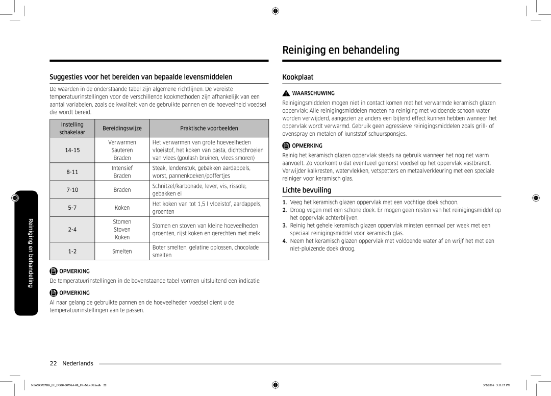 Samsung NZ63K5727BK/EF manual Reiniging en behandeling, Suggesties voor het bereiden van bepaalde levensmiddelen, Kookplaat 