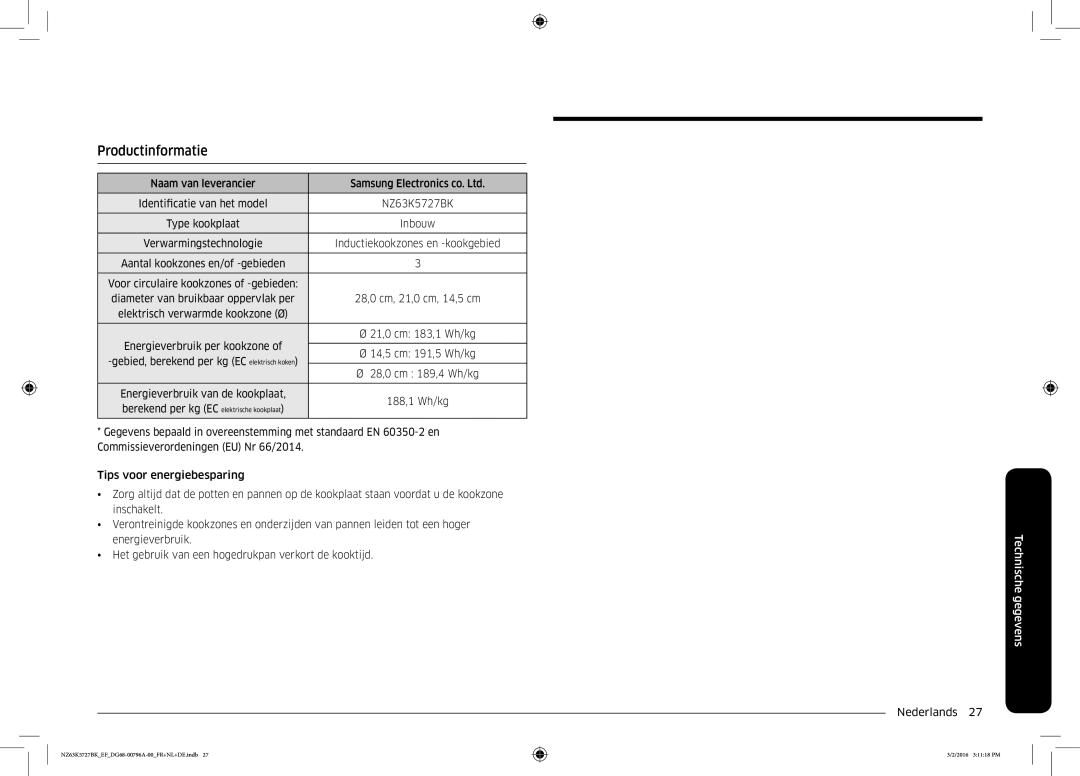 Samsung NZ63K5727BK/EF manual Productinformatie, Technische gegevens 