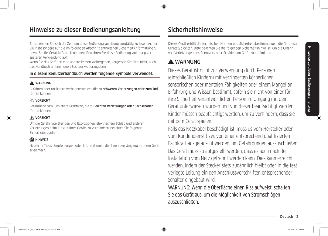 Samsung NZ63K5727BK/EF manual Hinweise zu dieser Bedienungsanleitung, Sicherheitshinweise, Deutsch  