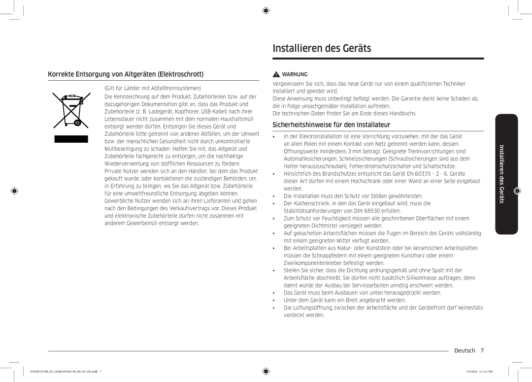 Samsung NZ63K5727BK/EF manual Installieren des Geräts, Korrekte Entsorgung von Altgeräten Elektroschrott 