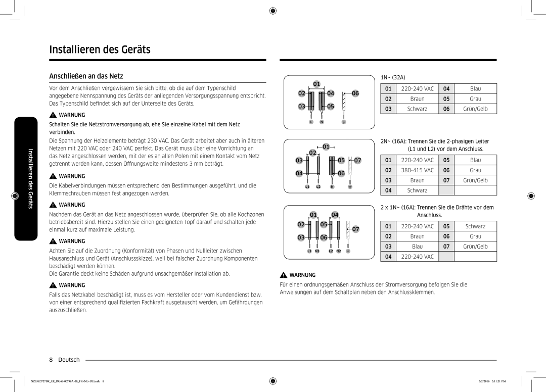 Samsung NZ63K5727BK/EF manual Anschließen an das Netz, 1N~ 32A 220-240 VAC Blau, 04 220-240 VAC 