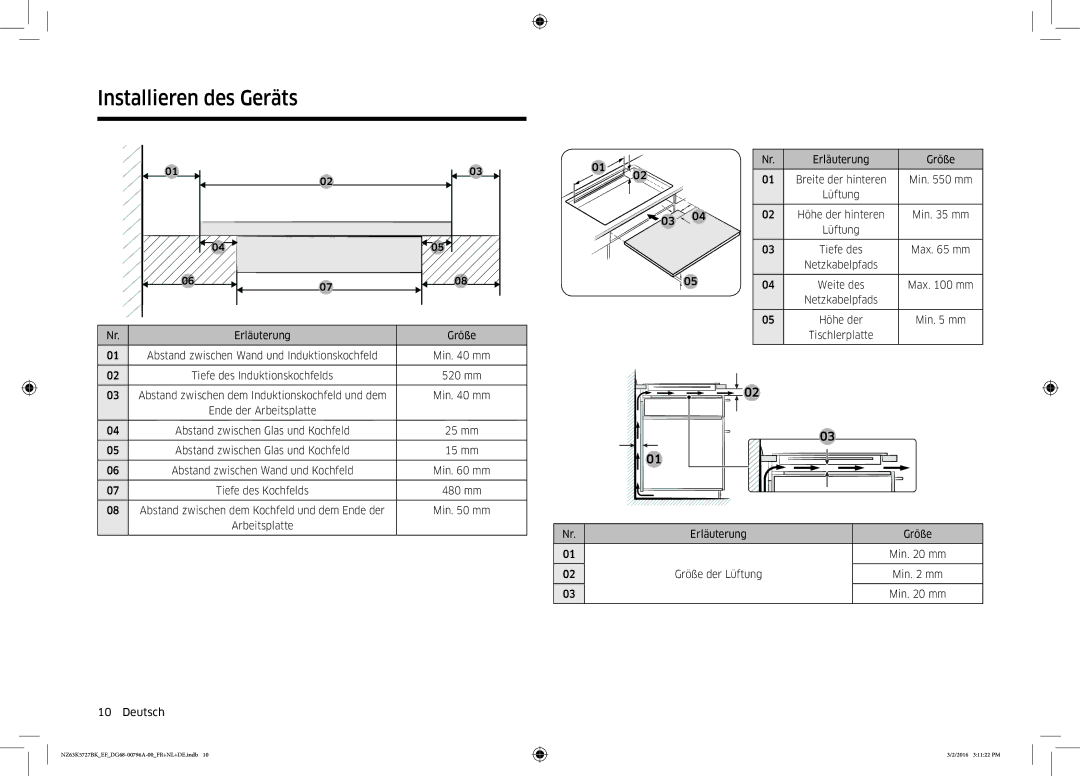 Samsung NZ63K5727BK/EF manual Installieren, Arbeitsplatte Deutsch Erläuterung Größe Min mm 