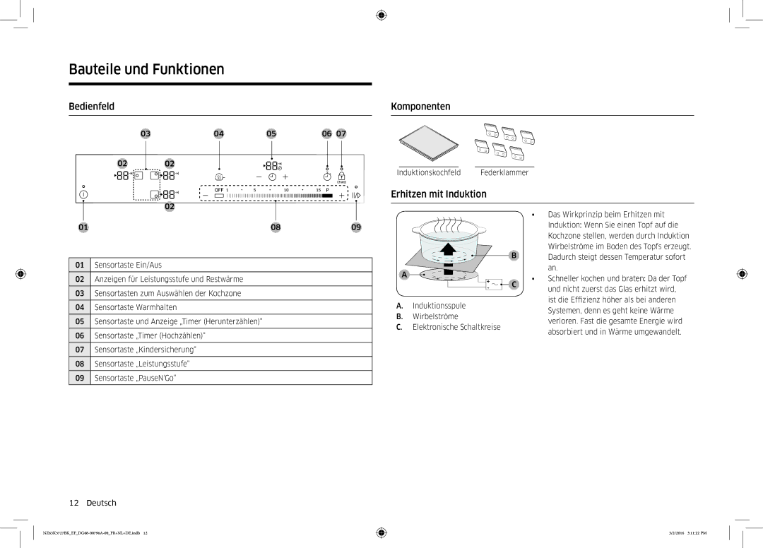 Samsung NZ63K5727BK/EF manual Bedienfeld, Komponenten, Erhitzen mit Induktion, Bauteile 