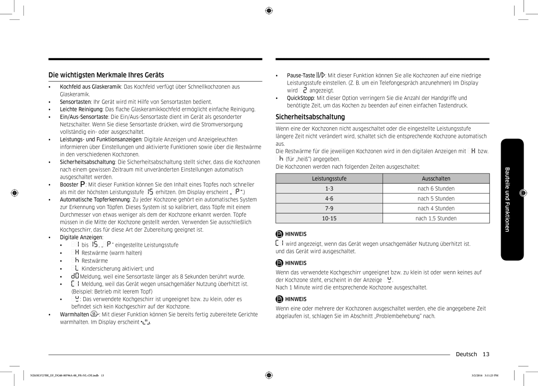 Samsung NZ63K5727BK/EF manual Die wichtigsten Merkmale Ihres Geräts, Sicherheitsabschaltung 