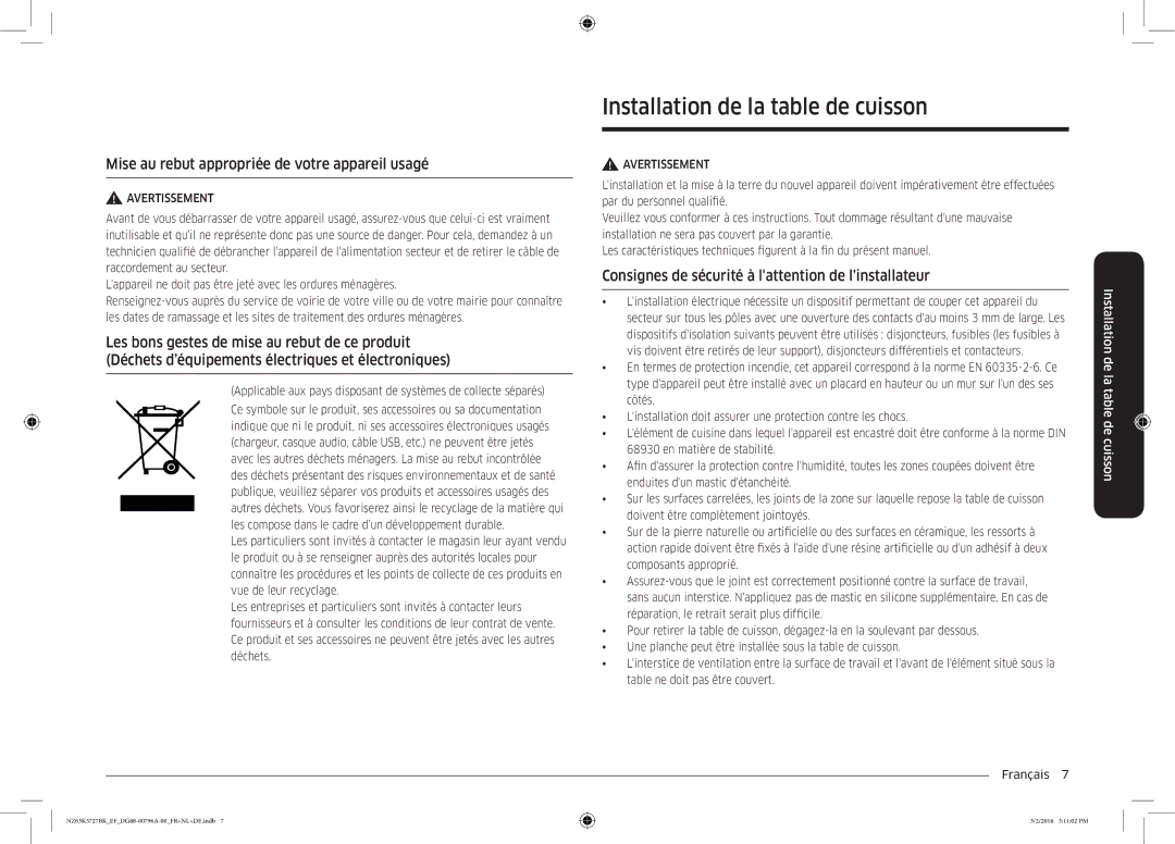 Samsung NZ63K5727BK/EF manual Installation de la table de cuisson, Mise au rebut appropriée de votre appareil usagé 