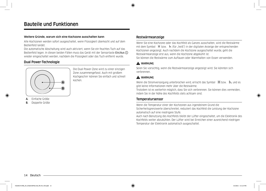 Samsung NZ63K5727BK/EF manual Dual Power-Technologie Restwärmeanzeige, Temperatursensor 