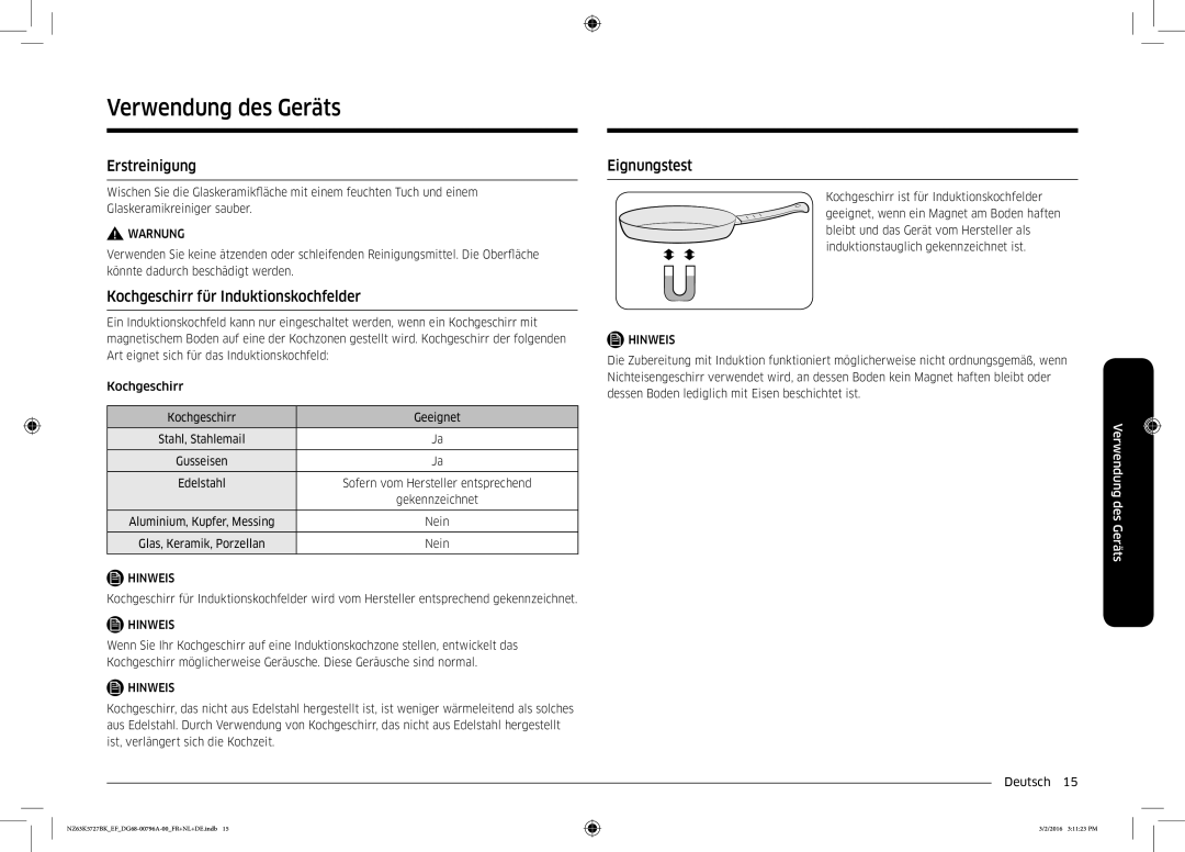 Samsung NZ63K5727BK/EF manual Verwendung des Geräts, Erstreinigung, Kochgeschirr für Induktionskochfelder, Eignungstest 