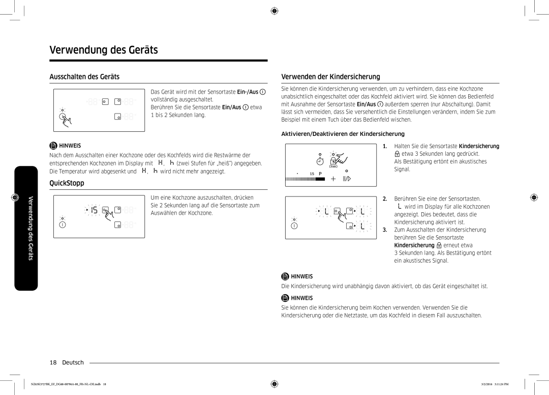 Samsung NZ63K5727BK/EF manual Ausschalten des Geräts, QuickStopp, Verwenden der Kindersicherung 