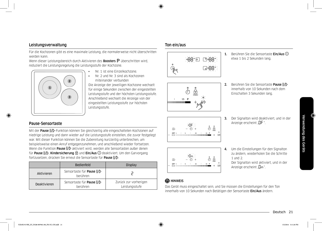 Samsung NZ63K5727BK/EF manual Leistungsverwaltung, Pause-Sensortaste, Ton ein/aus, Deaktivieren Sensortaste für Pause 