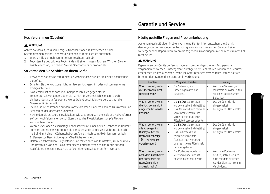 Samsung NZ63K5727BK/EF manual Garantie und Service, Kochfeldrahmen Zubehör, So vermeiden Sie Schäden an Ihrem Gerät 