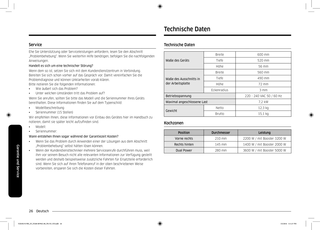 Samsung NZ63K5727BK/EF manual Technische Daten, Und 