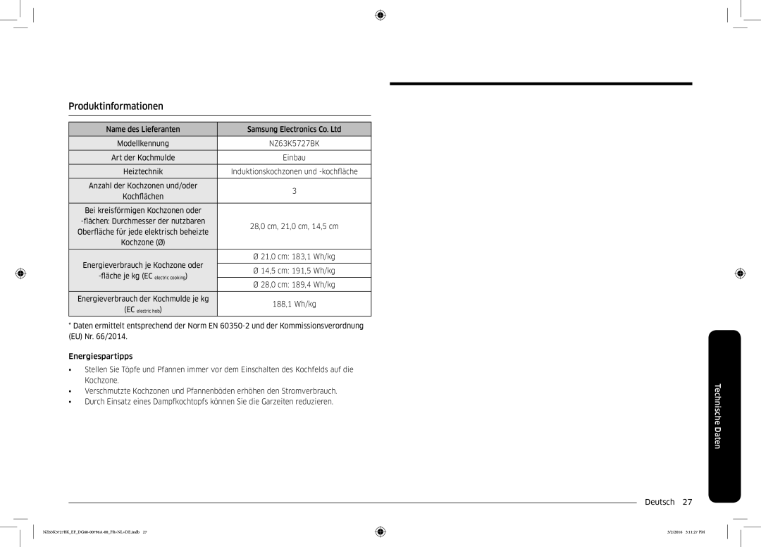 Samsung NZ63K5727BK/EF manual Produktinformationen, Technische Daten 