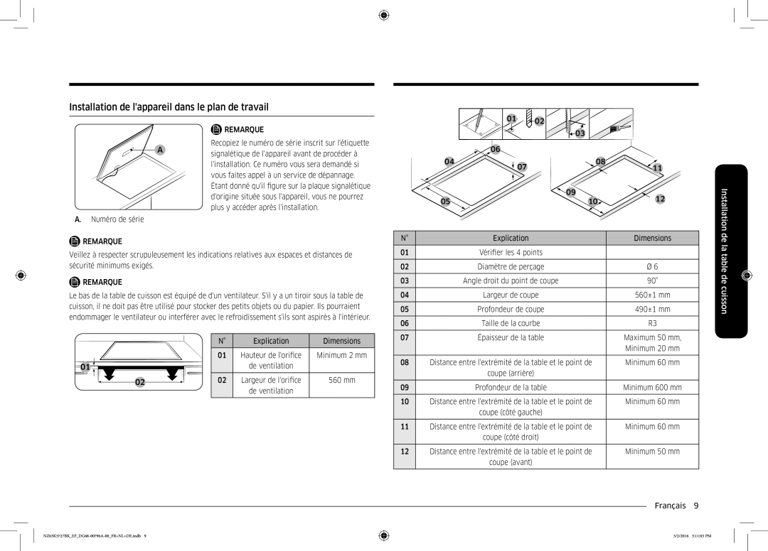 Samsung NZ63K5727BK/EF manual Installation de lappareil dans le plan de travail 