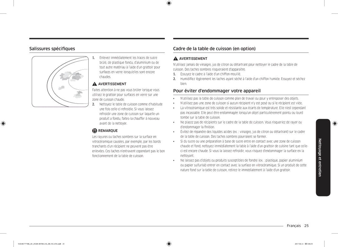 Samsung NZ63K7777BK/EF manual Salissures spécifiques, Cadre de la table de cuisson en option 