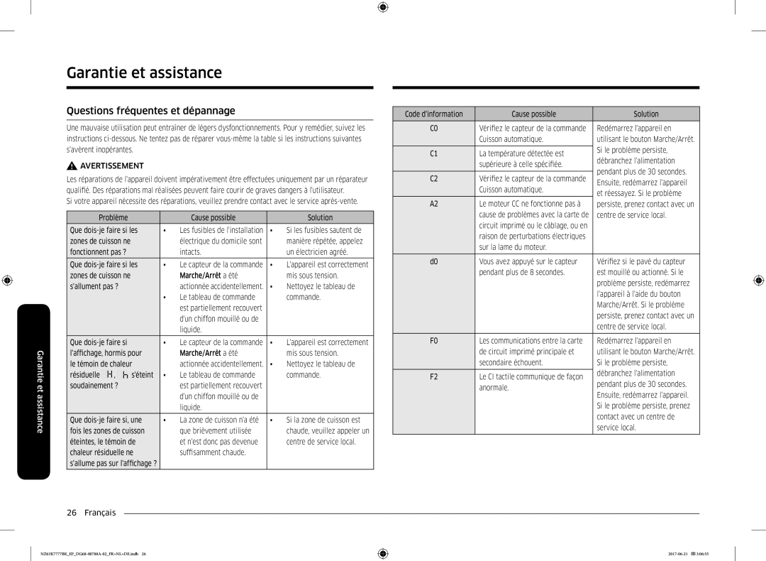 Samsung NZ63K7777BK/EF manual Garantie et assistance, Questions fréquentes et dépannage 