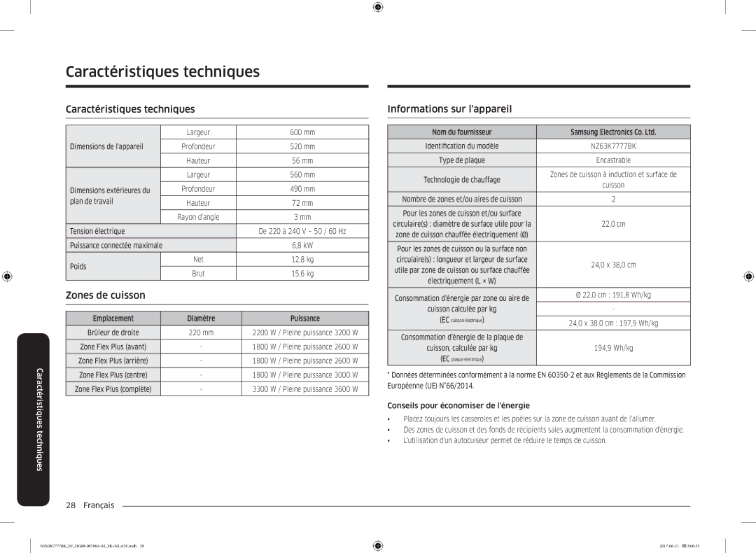 Samsung NZ63K7777BK/EF manual Caractéristiques techniques, Informations sur lappareil 