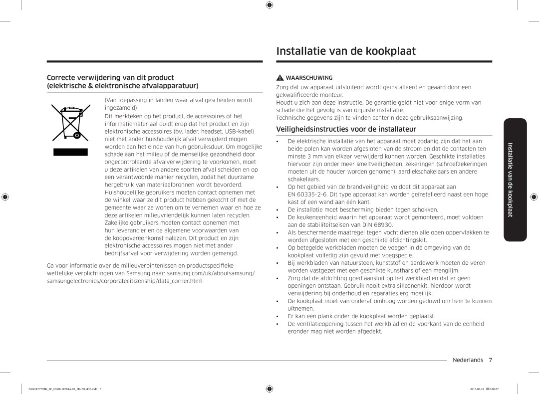 Samsung NZ63K7777BK/EF manual Installatie van de kookplaat, Veiligheidsinstructies voor de installateur 