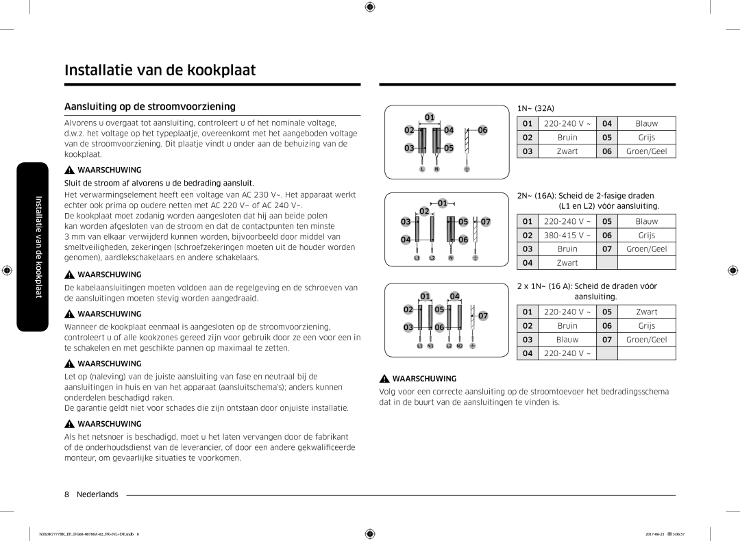 Samsung NZ63K7777BK/EF manual Aansluiting op de stroomvoorziening, 02 04 