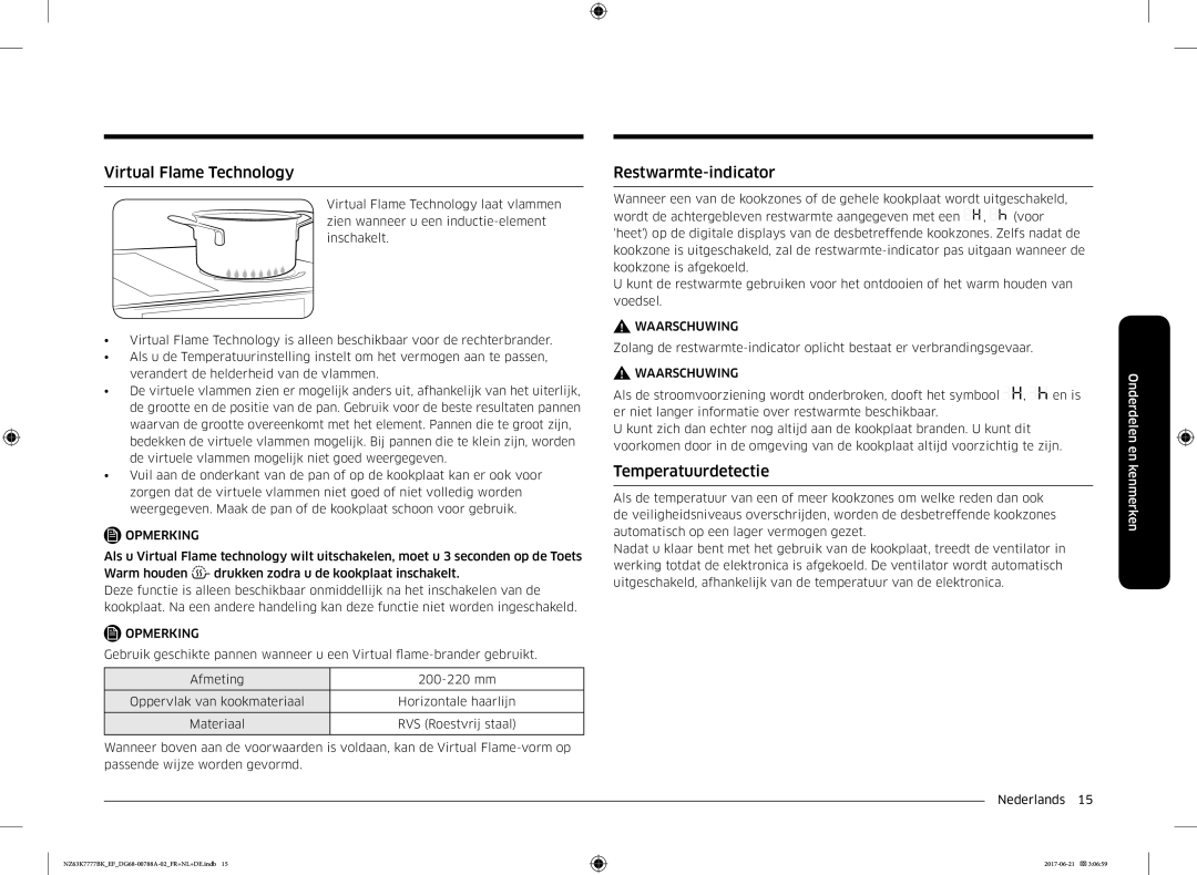 Samsung NZ63K7777BK/EF manual Virtual Flame Technology, Restwarmte-indicator, Temperatuurdetectie 