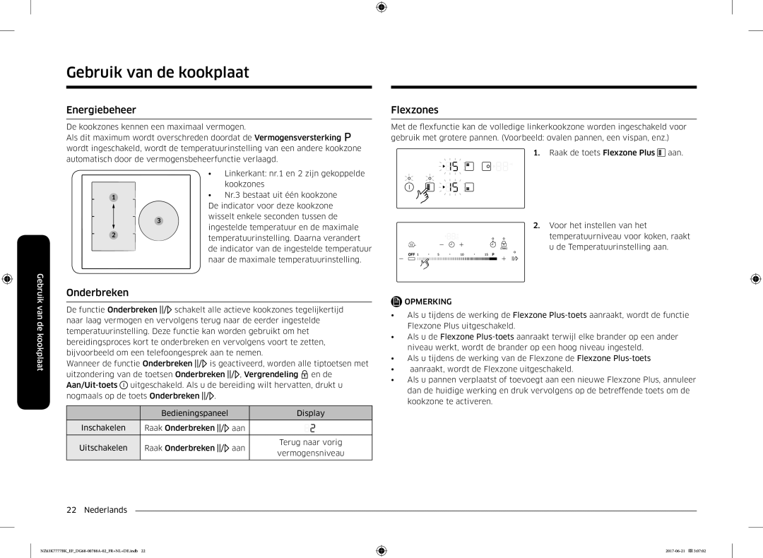 Samsung NZ63K7777BK/EF manual Energiebeheer, Flexzones, Onderbreken 