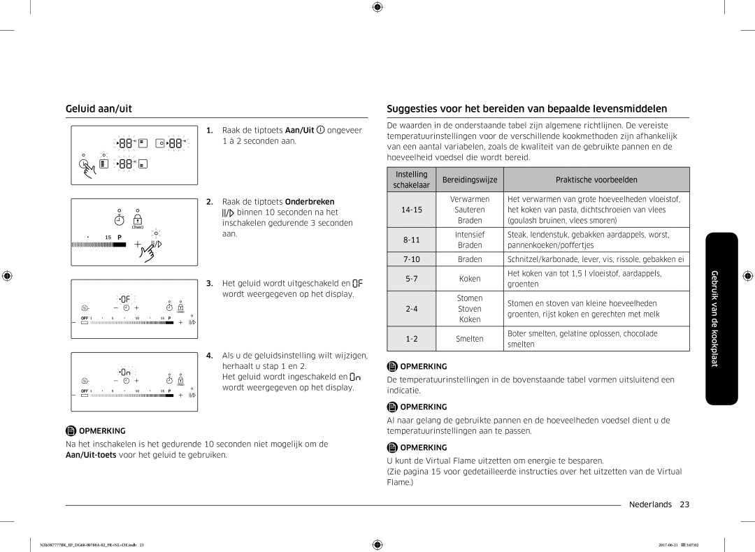 Samsung NZ63K7777BK/EF manual Geluid aan/uit, Suggesties voor het bereiden van bepaalde levensmiddelen 