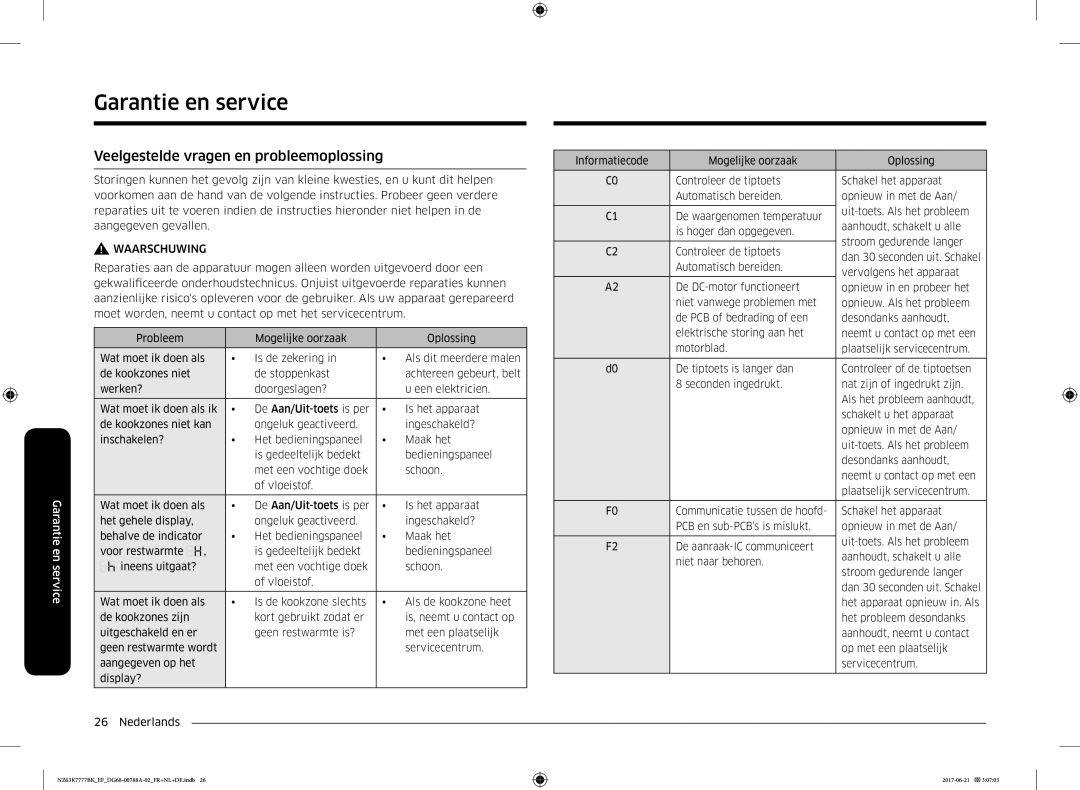 Samsung NZ63K7777BK/EF manual Garantie en service, Veelgestelde vragen en probleemoplossing 