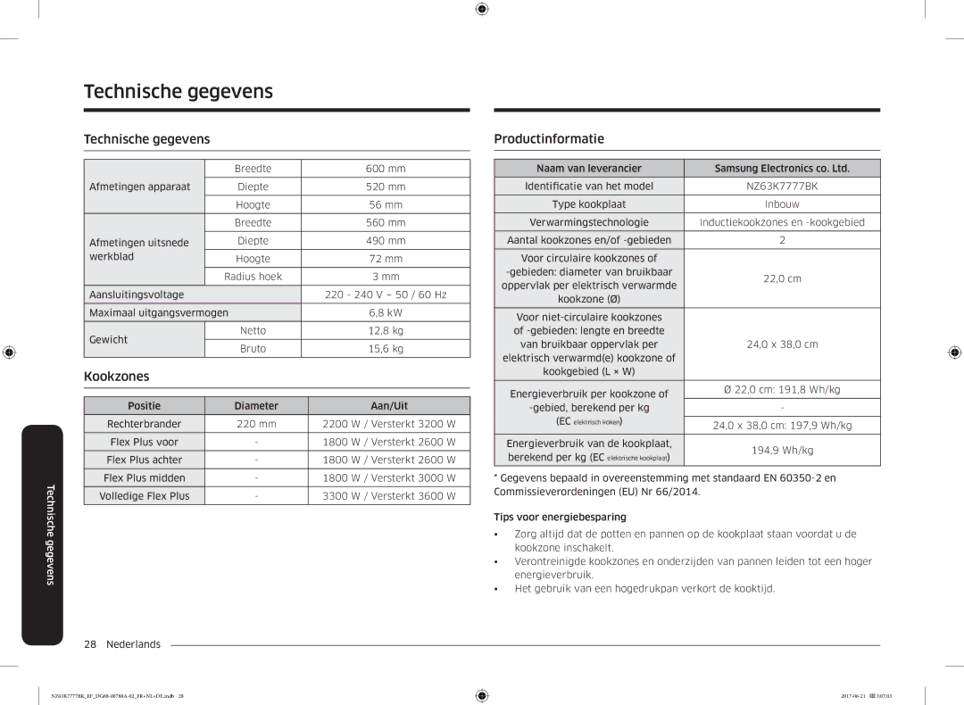 Samsung NZ63K7777BK/EF manual Technische gegevens, Productinformatie, 24,0 x 38,0 cm 197,9 Wh/kg 