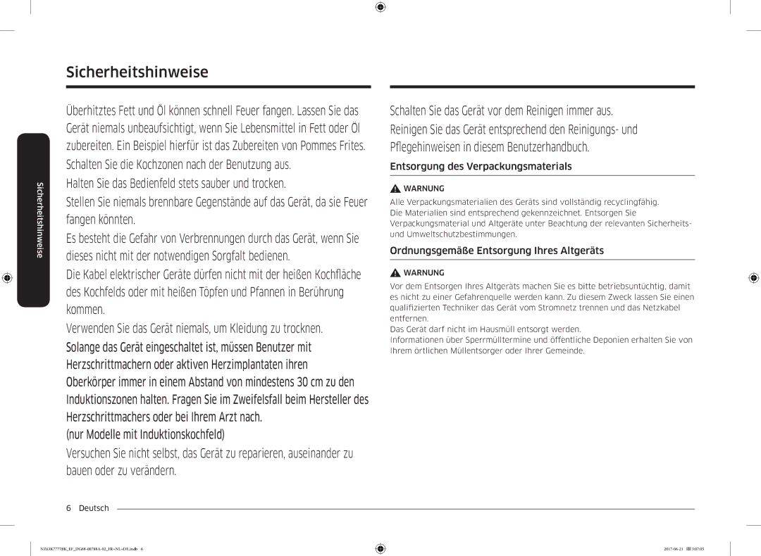 Samsung NZ63K7777BK/EF manual Entsorgung des Verpackungsmaterials, Ordnungsgemäße Entsorgung Ihres Altgeräts 