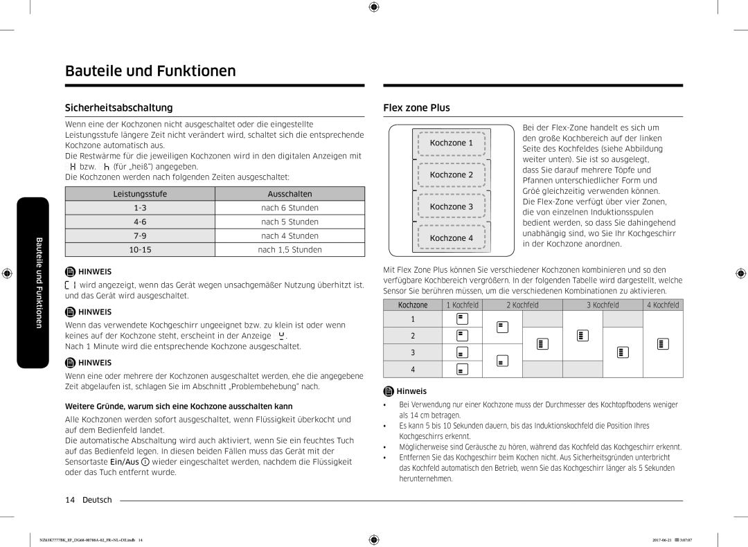 Samsung NZ63K7777BK/EF manual Sicherheitsabschaltung Flex zone Plus, Kochfeld 