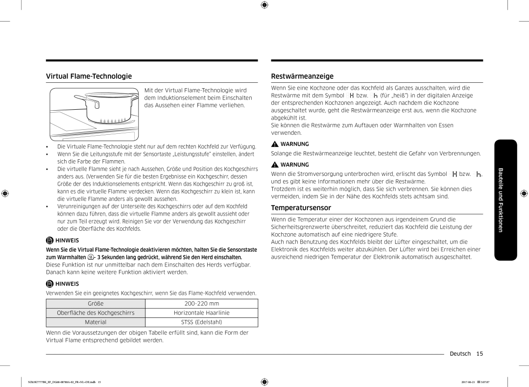 Samsung NZ63K7777BK/EF manual Virtual Flame-Technologie, Restwärmeanzeige, Temperatursensor 