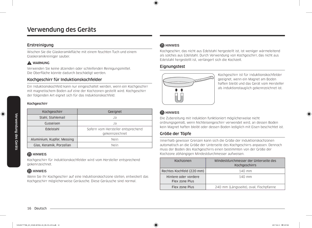 Samsung NZ63K7777BK/EF manual Verwendung des Geräts, Erstreinigung, Kochgeschirr für Induktionskochfelder, Eignungstest 