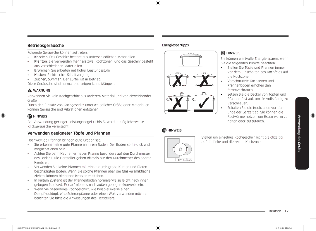 Samsung NZ63K7777BK/EF manual Betriebsgeräusche, Verwenden geeigneter Töpfe und Pfannen 