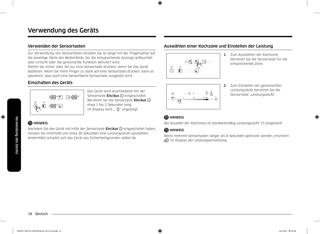 Samsung NZ63K7777BK/EF manual Verwenden der Sensortasten, Einschalten des Geräts 