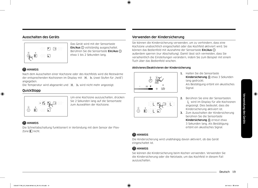 Samsung NZ63K7777BK/EF manual Ausschalten des Geräts, QuickStopp, Verwenden der Kindersicherung 