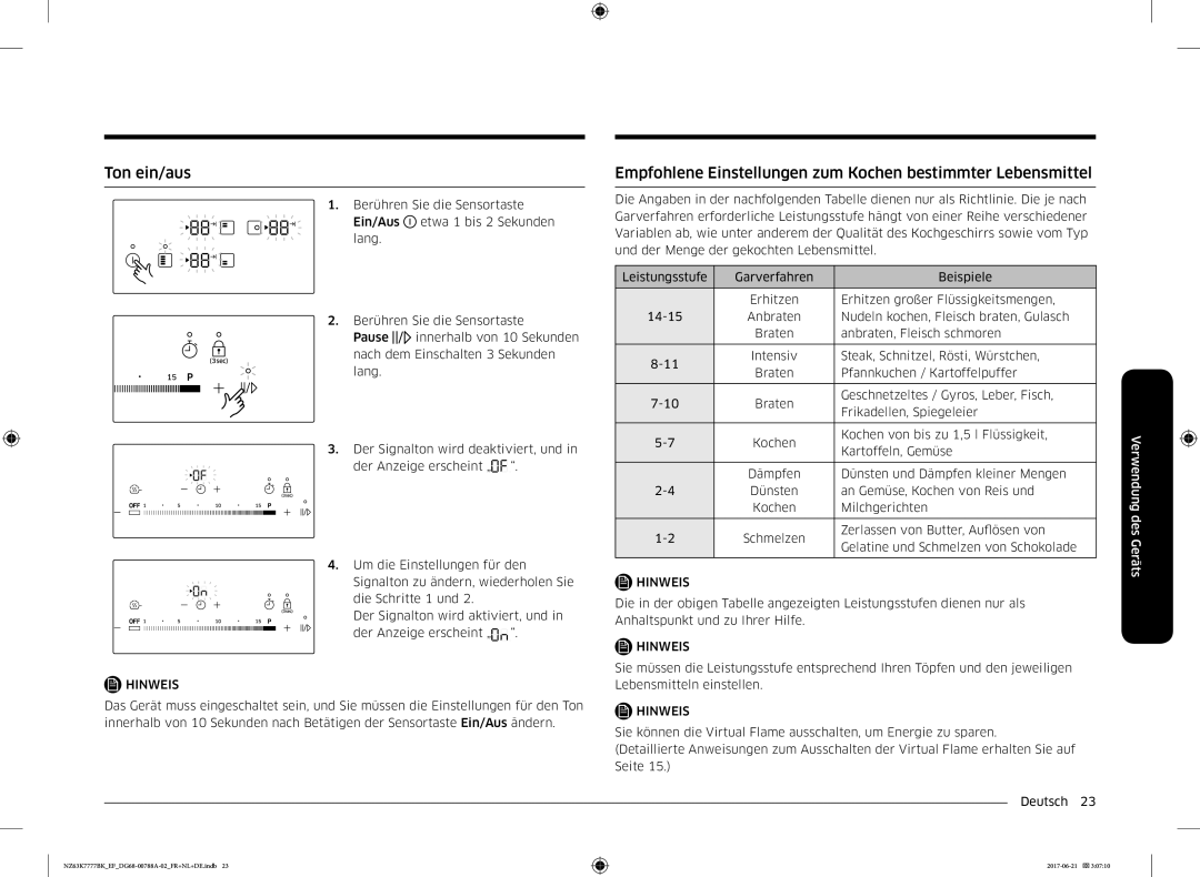 Samsung NZ63K7777BK/EF manual Ton ein/aus, Empfohlene Einstellungen zum Kochen bestimmter Lebensmittel 