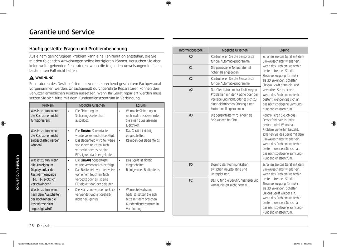 Samsung NZ63K7777BK/EF manual Garantie und Service, Häufig gestellte Fragen und Problembehebung 