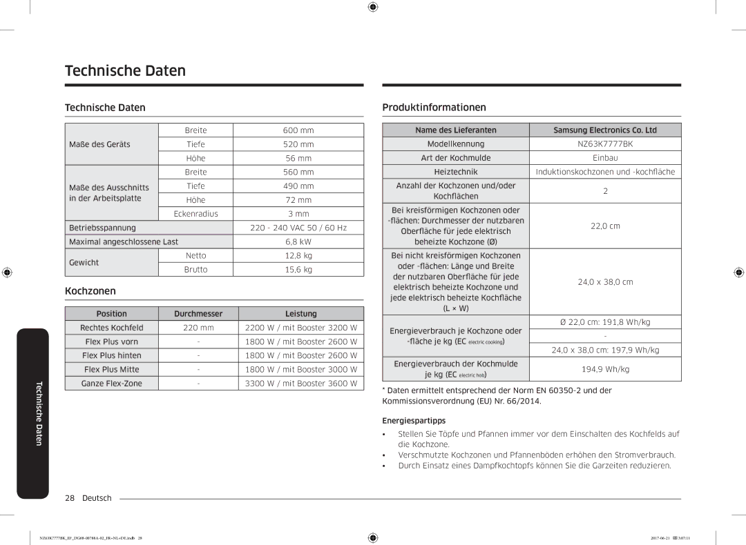 Samsung NZ63K7777BK/EF manual Technische Daten, Produktinformationen 