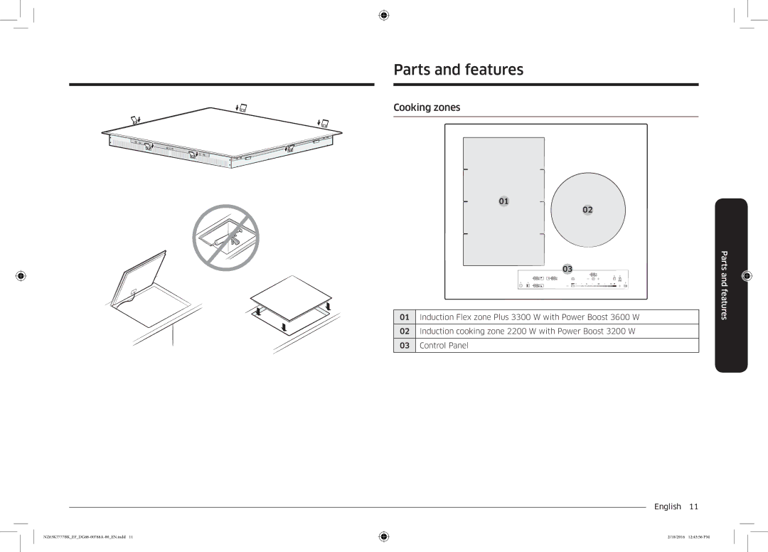 Samsung NZ63K7777BK/EF manual Parts and features, Cooking zones 