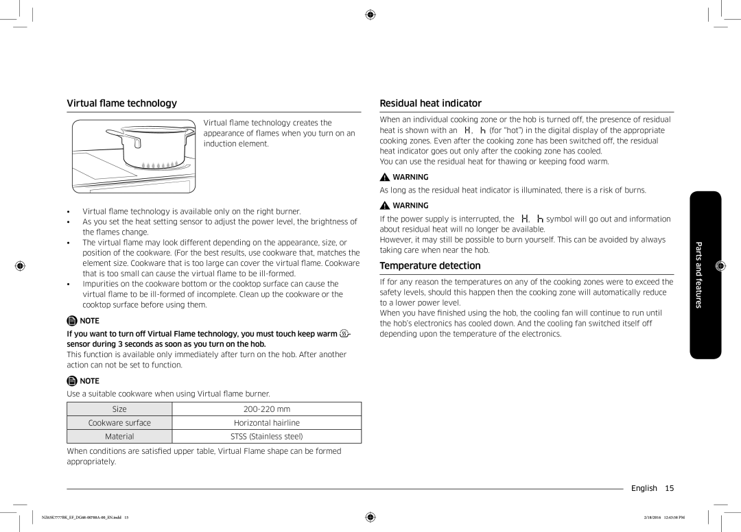 Samsung NZ63K7777BK/EF manual Virtual flame technology, Residual heat indicator, Temperature detection 