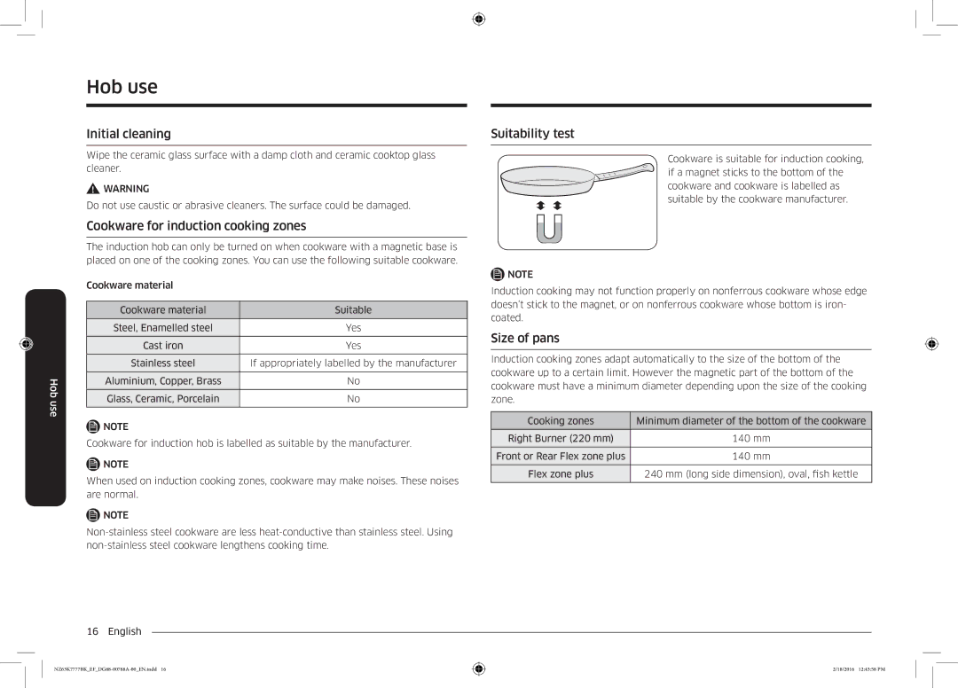 Samsung NZ63K7777BK/EF Hob use, Initial cleaning, Cookware for induction cooking zones, Suitability test, Size of pans 